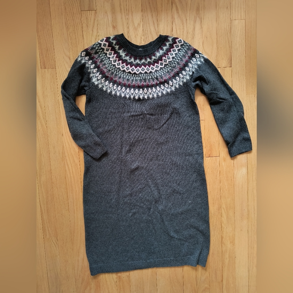 Gray Knit Cotton Blend Sweater Dress with Patterned Yoke